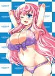  1girl arms_behind_head arms_up blue_eyes bra breasts female fujiyama_takashi large_breasts long_hair open_mouth panties pink_hair shiny shiny_skin smile standing underwear wink 