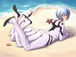  1girl arm_support ass ayanami_rei beach blue_hair female gammatelier looking_at_viewer looking_back lying multi_leg neon_genesis_evangelion ocean on_stomach plugsuit red_eyes short_hair solo 