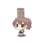  black_eyes blush brown_hair chibi drum_(container) kaga_(kantai_collection) kantai_collection lowres muneate object_on_head rebecca_(keinelove) rope short_hair side_ponytail sitting solo 