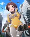  ahoge aircraft blush bodysuit brown_hair d: giantess green_eyes grey_bodysuit helicopter idol_heroes_(idolmaster) idolmaster idolmaster_million_live! kaijuu kinoshita_hinata official_art open_mouth pantyhose traffic_light yellow_bodysuit 