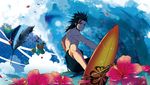  2boys artist_request black_hair blonde_hair blue_eyes cloud_strife final_fantasy final_fantasy_vii flower innertube multiple_boys surfboard surfing water wave waves zack_fair 