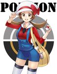  ashita_(2010) bad_id bad_pixiv_id bag blush brown_eyes brown_hair hat hat_ribbon hat_tip kotone_(pokemon) looking_at_viewer open_mouth overalls poke_ball poke_ball_(generic) pokemon pokemon_(game) pokemon_hgss ribbon smile solo thighhighs twintails 