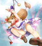  blush_stickers brown_eyes brown_hair chain flying_kick highres horn_ribbon horns ibuki_suika kasuga_yukihito kicking long_hair low-tied_long_hair motion_lines open_mouth panties revision ribbon rider_kick skirt solo touhou underwear upskirt white_panties 