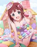  :d amami_haruka brown_hair candy downblouse dress food food_themed_clothes green_eyes hat idolmaster idolmaster_(classic) idolmaster_million_live! jpeg_artifacts lens_flare looking_at_viewer macaron official_art open_mouth ribbon short_hair smile 
