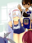  alternate_costume arms_behind_back bdsm blindfold blue_hair blush bondage bound bound_arms brown_eyes brown_hair commentary gagged hair_ornament hair_ribbon hairband highres i-168_(kantai_collection) i-19_(kantai_collection) ishikkoro japanese_clothes kaga_(kantai_collection) kantai_collection long_hair multiple_girls muneate one-piece_swimsuit ponytail pushing red_hair ribbon school_swimsuit short_hair shoukaku_(kantai_collection) side_ponytail silver_hair skirt swimsuit translated twintails 