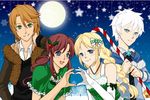  2boys 2girls anna_(frozen) elsa_(frozen) frozen_(disney) jack_frost_(rise_of_the_guardians) kristoff_(frozen) multiple_boys multiple_girls rinmaru_games rise_of_the_guardians sister smile snowflake starry_sky 