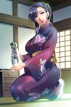  1girl breasts game_cg in&#039;en in'en japanese_clothes kimono large_breasts looking_at_viewer milf purple_hair speed yukata 