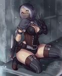  :&lt; arm_guards belt boots breasts choker cleavage commentary_request corset fingerless_gloves gloves heterochromia highres holding hood houtengeki kneeling knife large_breasts lockpick mask original red_eyes reverse_grip short_hair silver_hair solo striped striped_legwear thick_thighs thigh_boots thighhighs thighs vertical-striped_legwear vertical_stripes yellow_eyes 