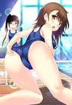  all_fours ass brown_eyes brown_hair glasses green_eyes highres hinata_sora long_hair looking_back miyamoto_ruri multiple_girls nisekoi one-piece_swimsuit onodera_kosaki ponytail poolside school_swimsuit short_hair swimsuit 