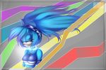  abstract_background black_nose blue_eyes blue_fur blue_hair bust clothing female fur glowing godzillajapan hair headphones hedgehog long_hair looking_down mammal sega shirt smile solo sonic_(series) 