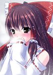  blush bow breath brown_eyes brown_hair cold covering_mouth detached_sleeves hair_bow hair_tubes hakurei_reimu hands_on_own_face hands_together highres long_hair mokyu9nine portrait snowing solo touhou 