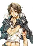  1boy artist_request blood blue_eyes brown_hair clenched_teeth earrings final_fantasy final_fantasy_viii gloves goroh0529 jacket jewelry male male_focus necklace scar solo squall_leonhart teeth 