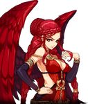  1girl angel_wings braid breasts jewelry lipstick long_hair lots_of_jewelry mabinogi macha_(mabinogi) makeup no_bra red_eyes red_hair red_wings very_long_hair wings 
