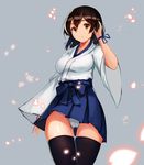  alternate_hairstyle black_legwear blush breasts brown_eyes brown_hair cherry_blossoms deneb_(noble324) hair_down hakama_skirt japanese_clothes kaga_(kantai_collection) kantai_collection large_breasts long_sleeves no_armor panties pantyshot petals short_hair skirt smile solo thighhighs underwear white_panties wide_sleeves 