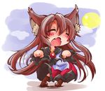  animal_ears blush brooch brown_hair check_commentary closed_eyes commentary commentary_request full_moon howling imaizumi_kagerou jewelry long_hair long_sleeves moon open_mouth shinapuu shirt skirt solo tail touhou very_long_hair wide_sleeves wolf_ears wolf_tail 