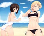  ass bad_id bad_pixiv_id bikini black_bikini blonde_hair blue_eyes braid breasts brown_eyes brown_hair casual_one-piece_swimsuit choker cosplay costume_switch darjeeling darjeeling_(cosplay) day frilled_swimsuit frills girls_und_panzer highres large_breasts multiple_girls nishizumi_maho nishizumi_maho_(cosplay) nksk one-piece_swimsuit short_hair small_breasts swimsuit underboob white_swimsuit 