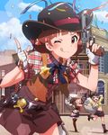  &gt;_&lt; ;q artist_request boots brown_eyes brown_hair closed_eyes confetti cowboy_hat fingerless_gloves fringe_trim futami_mami gloves gun handgun hat ibuki_tsubasa idolmaster idolmaster_(classic) idolmaster_million_live! knee_boots midriff moneybag multiple_girls navel nonohara_akane official_art one_eye_closed plaid plaid_shirt revolver sack sheriff_badge shirt theft thigh_boots thighhighs tied_shirt tongue tongue_out vest weapon western 