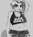  anthro anthrofied babs_seed_(mlp) belt black_and_white breasts cleavage clothed clothing english_text equine eyeshadow female freckles friendship_is_magic greyscale hair horse lipstick lizombie looking_at_viewer makeup mammal monochrome my_little_pony navel piercing pony shirt solo studs text 