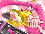  aaabbbccccc aino_megumi bad_id bad_pixiv_id cure_lovely full_body happinesscharge_precure! heart heart_background lollipop_hip_hop long_hair magical_girl mismatched_footwear pink_background pink_eyes pink_hair pointing precure skateboard skirt smile solo twintails yellow_skirt 