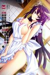  2014 absurdres aerial_(maou_to_odore) apron apron_tug breasts calendar_(medium) covered_nipples dutch_angle hand_on_own_chest highres horns kannatsuki_noboru large_breasts leaning_forward long_hair maou_to_odore!_code:arcana march naked_apron purple_eyes purple_hair scan shiny shiny_skin sideboob smile solo standing strap_slip very_long_hair 