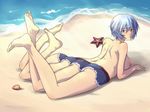  1girl arm_support ass ayanami_rei barefoot beach blue_hair breasts feet female gammatelier looking_at_viewer looking_back lying multi_leg neon_genesis_evangelion nipples ocean on_stomach red_eyes short_hair shorts soles solo toes what 