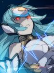  ban blue_hair floating glowing glowing_eyes headgear kos-mos lens_flare long_hair red_eyes sketch solo space xenosaga xenosaga_episode_i 