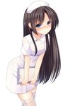  bangs black_hair blue_eyes blush buttons clipboard dress hat highres holding long_hair looking_at_viewer nurse nurse_cap original pastel-pastel short_sleeves solo standing thighhighs uniform very_long_hair white_background white_legwear zettai_ryouiki 