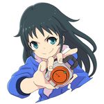  aqua_eyes black_hair cosplay food fruit hood hooded_jacket idolmaster idolmaster_cinderella_girls jacket kamen_rider kamen_rider_gaim_(series) kazuraba_kouta kazuraba_kouta_(cosplay) lock_seed long_hair nanjou_hikaru nash_(na-si) orange smirk solo 