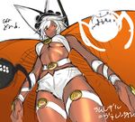  arm_strap bare_shoulders belt beltbra breasts cape creature dark_skin from_below guilty_gear guilty_gear_xrd hat highres large_breasts orange_eyes ramlethal_valentine red_eyes short_hair short_shorts shorts sketch solo tetsu_(kimuchi) thigh_strap thighhighs underboob white_hair 