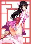  absurdres ass black_hair breasts chinese_clothes covered_nipples covering covering_ass double_bun elbow_gloves gloves highres lace lace-trimmed_thighhighs large_breasts legs long_hair no_panties original pink_legwear skindentation soyokaze thighhighs 