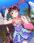  1girl artist_request bag bracelet brown_eyes brown_hair clothes_around_waist idolmaster idolmaster_million_live! jewelry matsuda_arisa necklace official_art one_eye_closed twintails 