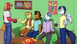  anthro big_macintosh_(mlp) blonde_hair blue_eyes blue_hair braeburn_(mlp) breasts cider cleavage clothed clothing coffee_table cowboy_hat cup equine ethanqix eyewear female foam freckles friendship_is_magic goggles green_eyes group hair hat horn horse male mammal mug multi-colored_hair my_little_pony original_character pegasus pony poster shining_armor_(mlp) sitting skinsut soarin_(mlp) sofa spitfire_(mlp) standing table unicorn vest wings wonderbolts_(mlp) 
