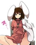  animal_ears black_eyes brown_hair bunny_ears carrot feet inaba_tewi ippongui looking_at_viewer panties short_hair simple_background smile socks solo touhou underwear white_background white_panties 