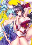  ahri animal_ears aqua_hair bare_shoulders black_hair blue_eyes blush breasts cleavage cum detached_sleeves large_breasts league_of_legends long_hair looking_at_viewer low_neckline multiple_girls multiple_tails open_mouth s-yin shiny shiny_skin sona_buvelle tail twintails very_long_hair yellow_background yellow_eyes 