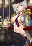  breasts hat large_breasts necktie no_bra nonoririn one_eye_closed open_clothes open_shirt original shirt short_hair silver_hair solo 