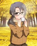  black_hair blush brown_eyes drink glasses idolmaster idolmaster_million_live! jacket leaf long_hair looking_at_viewer official_art smile solo steam takayama_sayoko twintails yellow 