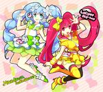 aino_megumi alternate_form asymmetrical_legwear bad_id bad_pixiv_id blue_eyes blue_hair bow cure_lovely cure_princess earrings flower full_body green_skirt hair_bow hair_flower hair_ornament happinesscharge_precure! hloox jewelry lollipop_hip_hop long_hair macadamia_hula_dance magical_girl mismatched_footwear multiple_girls pink_eyes pink_hair precure shirayuki_hime shoes skirt smile star star_earrings thighhighs twintails wrist_cuffs yellow_skirt 
