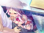  1girl aozora_stripe astronauts blush censored choker eyes_closed fellatio game_cg long_hair mizutani_sakura open_mouth oral penis pink_hair piromizu under_table wrist_cuffs 