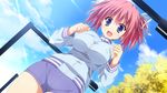  aki_suzuka blue_eyes fang game_cg glace koishiki_manual pink_hair ribbons saeki_nao short_hair twintails 