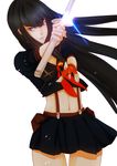  absurdres black_hair blue_eyes cosplay fingerless_gloves glint gloves highres katana kill_la_kill kiryuuin_satsuki kumo_ni_notte long_hair matoi_ryuuko matoi_ryuuko_(cosplay) midriff navel school_uniform senketsu single_glove skirt spoilers suspenders sword weapon 