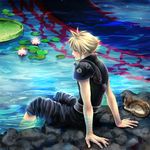  1boy blonde_hair cat cloud_strife final_fantasy final_fantasy_vii guernica male male_focus sitting solo water 