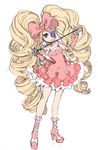  big_hair blonde_hair blue_eyes boots bow dress drill_hair earrings eyepatch full_body hair_bow harime_nui heart high_heels huge_bow jewelry kill_la_kill long_hair marumusikoya pink_bow pink_dress pink_footwear smile solo strapless strapless_dress twin_drills twintails white_background wrist_cuffs 
