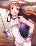  :d artist_request blush brown_eyes brown_hair epee fencing fencing_suit hairband heart helmet idolmaster idolmaster_million_live! long_hair looking_at_viewer official_art open_mouth smile solo sweat tanaka_kotoha 