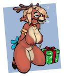  2018 anthro antlers arms_tied ball_gag bdsm big_breasts blush bondage bound breasts brown_fur cervine christmas collar ear_piercing erect_nipples eyebrows eyelashes featureless_crotch female fur gag gift hair half-closed_eyes holidays hooves horn mammal nipple_piercing nipples nude piercing reccand reindeer ribbons simple_background solo sweat thick_thighs 