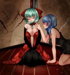  alternate_costume aoshima bare_arms bare_shoulders black_dress black_gloves blue_eyes blue_hair blush bow breasts cleavage closed_eyes dress elbow_gloves front_ponytail gloves green_hair hair_bobbles hair_bow hair_ornament hair_ornament_removed highres kagiyama_hina kawashiro_nitori kneeling large_breasts midriff multiple_girls navel red_dress sitting sleeveless sleeveless_dress smile strapless strapless_dress suicide touhou v_arms 