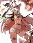  belt beltbra breasts cape creature dark_skin guilty_gear guilty_gear_xrd hair_over_one_eye hat hijiri lowleg lowleg_shorts medium_breasts outstretched_arms ramlethal_valentine red_eyes short_shorts shorts solo sword thigh_strap underboob visor weapon white_hair 