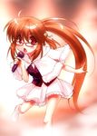  :o ahoge bell bespectacled blush brown_hair cosplay glasses hair_bell hair_ornament holding idol little_busters! long_hair microphone music natsume_rin open_mouth ponytail red-framed_eyewear red_eyes ribbon seiyuu_connection singing skirt socks solo tamiyasu_tomoe very_long_hair white_legwear zen 