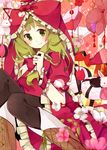  black_legwear food fruit green_eyes green_hair hair_ribbon kagiyama_hina long_hair ribbon solo tamagogayu1998 touhou wrist_cuffs 