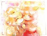  2girls animal_crossing blonde_hair blush canine dog doubutsu_no_mori eyes_closed female furry hair_ornament isabelle_(animal_crossing) mammal multiple_girls nintendo reese_(animal_crossing) shizue_(doubutsu_no_mori) short_hair smile video_games 