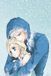  1boy 1girl blue_eyes crossover elsa_(frozen) frozen_(disney) hug hug_from_behind jack_frost_(rise_of_the_guardians) rise_of_the_guardians snow white_hair 